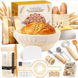Complete Sourdough Starter Kit – Easy to Clean & Use for Beginners & Bakers – Natural Rattan Proofing Basket with Full Accessories – Sourdough Bread Baking Supplies, Gift for Women, Wife, Mom, Bakeware, Sifter, Rolling Pin, Baking Utensils