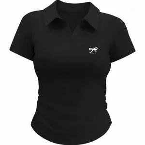 Women's Bow Print Polyester T-Shirt - Casual, Collared Neck, Embroidery, Regular Sleeve Everyday Top