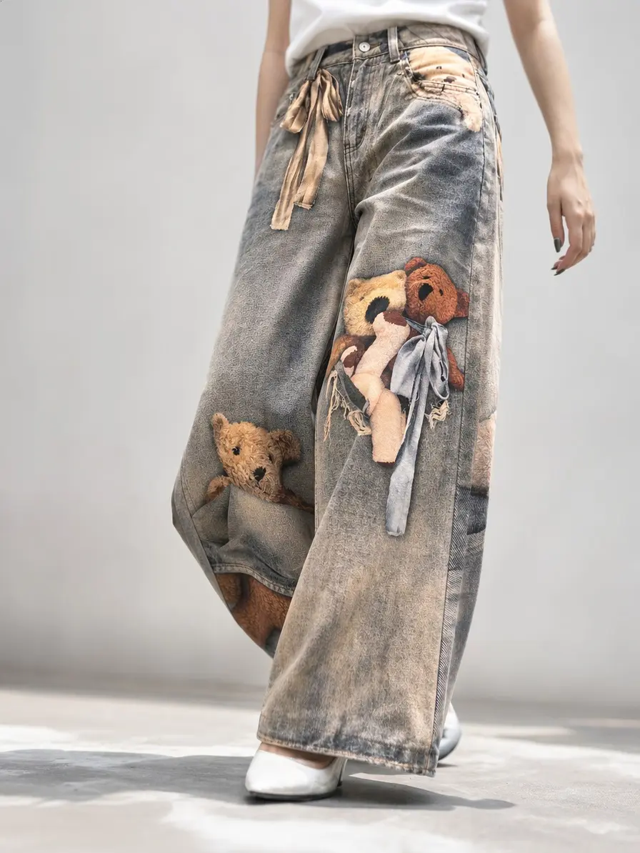Lux Lee Teddy Bear 3D Digital Print Baggy Wide-Leg Jeans for Women - Vintage Washed Denim, High-Definition Non-Fading Print, non-fading print, Cute Street Style, Trendy Statement Pants, Classic 5-Pocket, Cute Retro Streetwear, Flattering Loose Fit