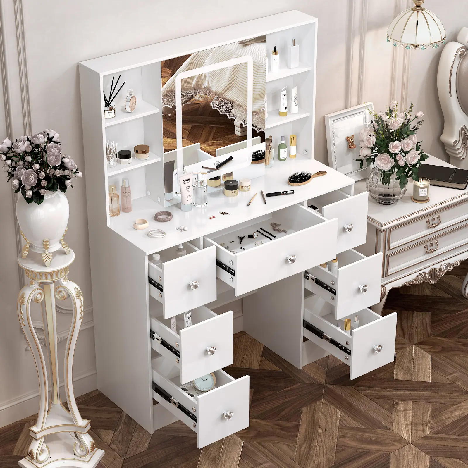 White Makeup Vanity Desk with Sliding Mirror and LED Lights, 7 Drawers & 6 Shelves, Crystal Handles, 3 Color Modes, Vanity Table for Bedroom