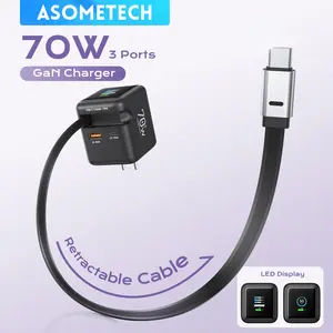 ASOMETECH 70W USB C Charger Block,3 in 1 GaN Charger with Retractable Type C Cable & 2 USB Ports,PD Fast Charging Foldable Travel Wall Charge For MacBook,tablet,iPhone 17 Pro Max,Galaxy S24 Smartphone,Cellphone,Black, Electronic tiktokshopspringglowup tik