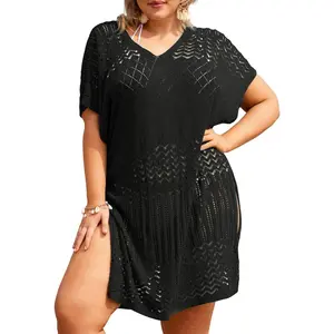 Plus Size Swimsuit Cover Up: Women Split Hem Crochet Swimwear Cool Pullover Bathing Suit Cover Ups Beach