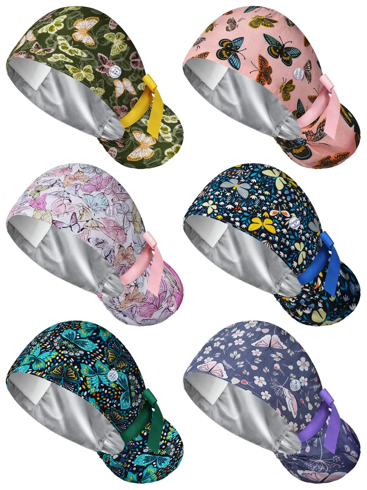 6Pcs Satin Lined Scrub Caps – Ponytail Surgical Hat with Buttons & Adjustable Tie, Nurse Work Cap