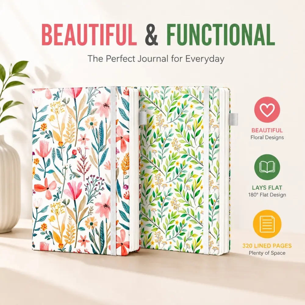 CAGIE A5 Floral Journal Notebook, Hardcover Vegan Leather Journal with 320 Lined Pages, College Ruled Notebook, Thick Paper, Pen Holder, Cute Journal for Women, Writing, Bible Study & Gifts，Junk journal dealsforyourdays tiktokshopbacktoschool
