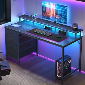 Computer Desk with Power Outlets and LED Lights, Gaming Desk with 4 Drawers, Office Desk with Monitor Stand, Study Work Home Office, Small Spaces, Black