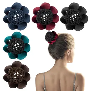 5-Pack Cloth Fabric Ballet Bun Snood Holders with Flower Ponytail Elastics and Invisible Nets, Secure-Hold Volume-Boosting Styling Tools for Dancers, Multiple-Use Beauty Accessories That Adds Volume