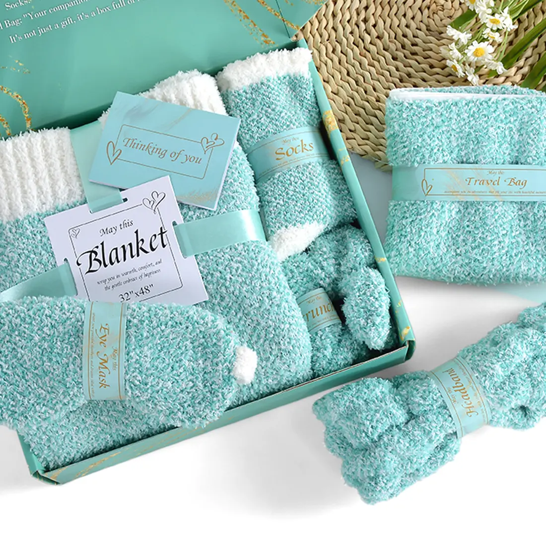 JOOJA Soft Microfiber Gift Box Set - Women's Comfort Basket with Blanket, Plush Socks, Eye Mask, Headband & Makeup Bag, Ideal for Birthday & Get Well Soon Gifting