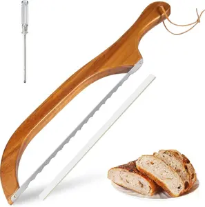Wooden Bread Bow Knife, 16" Serrated Sourdough Cutter, Premium Stainless Steel Serrated Saw Bread Cutter, Bread Slicer, Bagel Slicer Knife for Homemade Bread, Bagels, Baguettes, Rustic Loaves