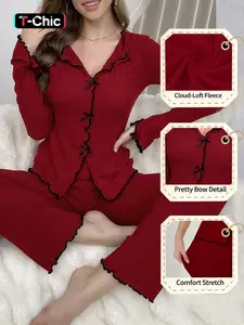 Women's Spring Autumn Winter Plain Thickened Warm Sweet Bow Lace V-Neck Long Sleeve Soft Sleepwear Loungewear Home Two-Piece Pajama Set