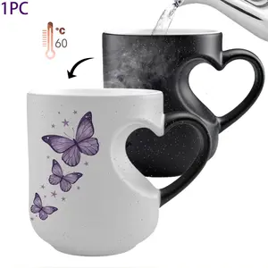 1pc Dreamy Purple Butterfly Color-Changing Mug, Creative Starry Sky Effect Coffee Mug, Heart-Shaped Handle. It changes color when hot water is poured in, Perfect Gift for Mother’s Day, Valentine’s Day and Other Festive Occasions.