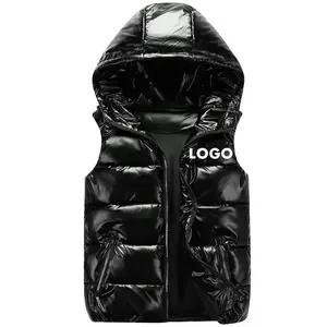 Winter Sleeveless Glossy Puffer Vest Jacket Custom Logo Waterproof Shiny Bubble Men's Vests With Hoodie