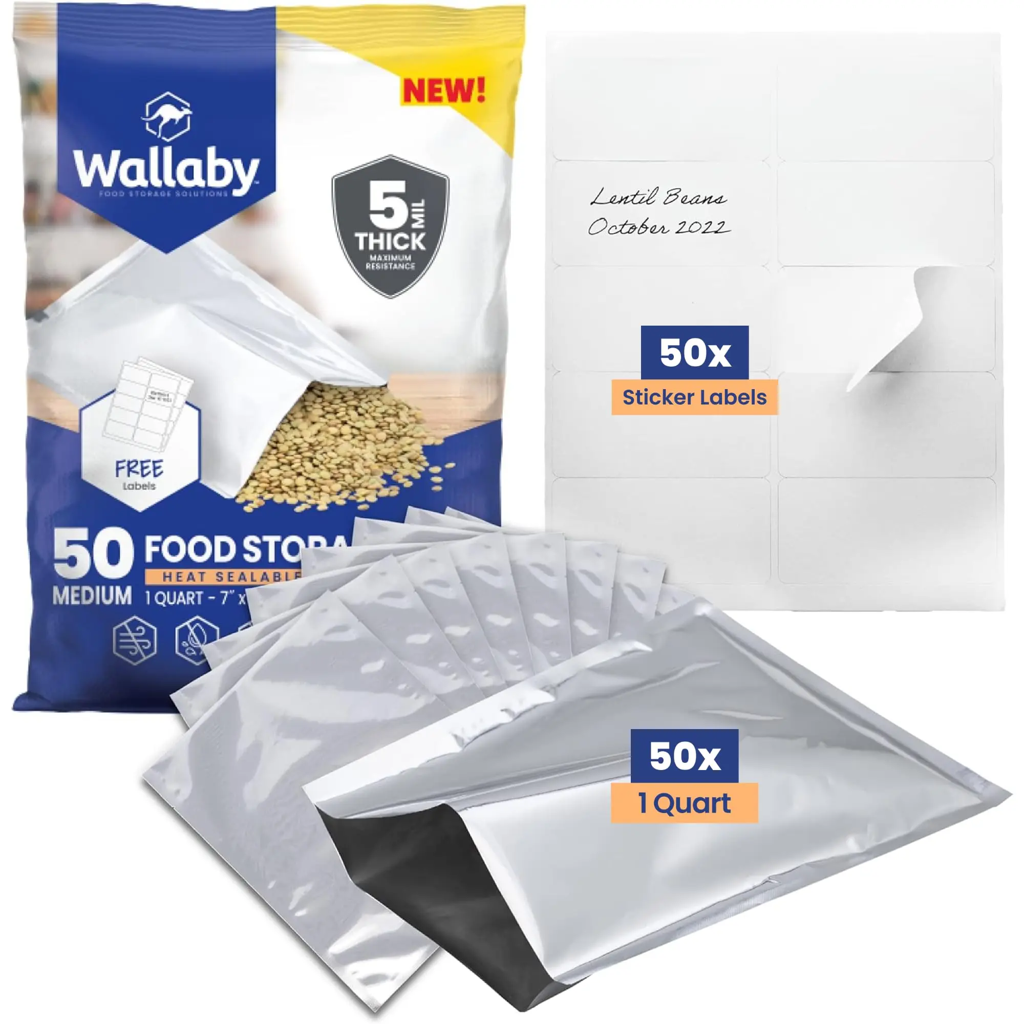 Wallaby 1-Quart Mylar Bags+Labels (50 Count), 10 Mil Total Thickness Heat-Sealable Airtight Pouches for Emergency Prep & Long Term Food Storage, Silver Home Organizer Storage Bags, Container