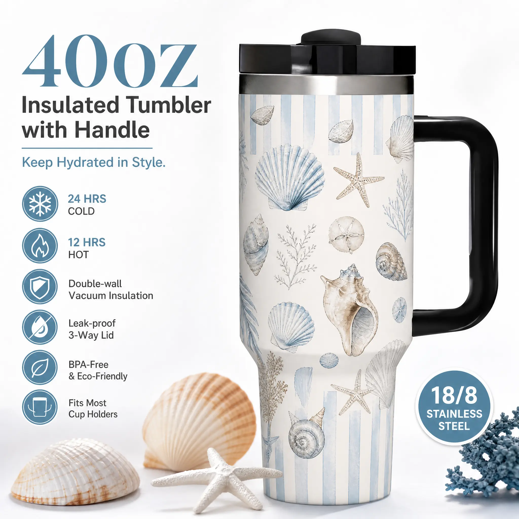Coastal Seashell 40 oz Tumbler with Handle and Straw Lid, Beach Ocean Travel Mug, Stainless Steel Insulated Cup for Iced Coffee and Water