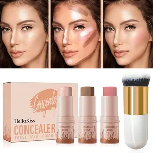 Waterproof Formula Cream Contour Stick Set, Bronzing & Sculpting Stick, Highlighter Pen, Blush & Bronzer with Powder Brush, Medium Coverage, Radiant, Suitable for All Skin Types