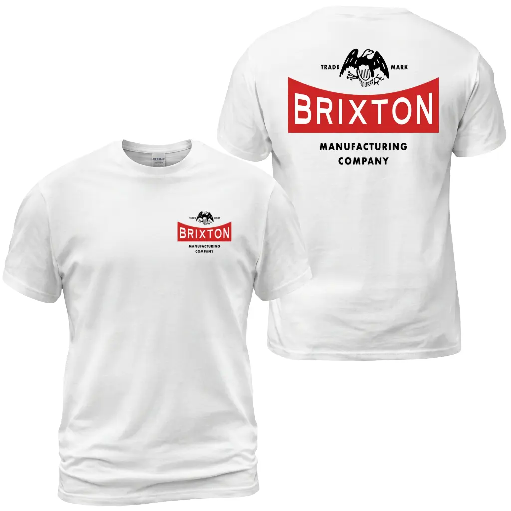 Brixton Manufacturing Company T-Shirt, Vintage Brand Logo Graphic Tee With Eagle Trade Mark Back Print, Front Chest Brixton Logo Shirt, Casual Workwear Apparel Gift for Men and Women