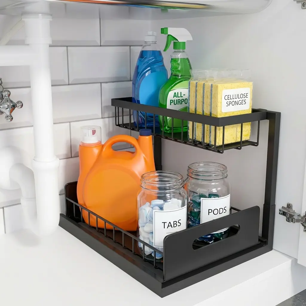 Carbon Steel 2-Layer L-Shaped Under Sink Organizer - Multifunctional Home Supplies for Kitchen, Rust-Proof, Corrosion-Resistant Heavy-Duty Pull-Out Sliding Drawer with Waterproof Liners, 55 lbs (25kg) Capacity for Bathroom Cleaning Supplies Access