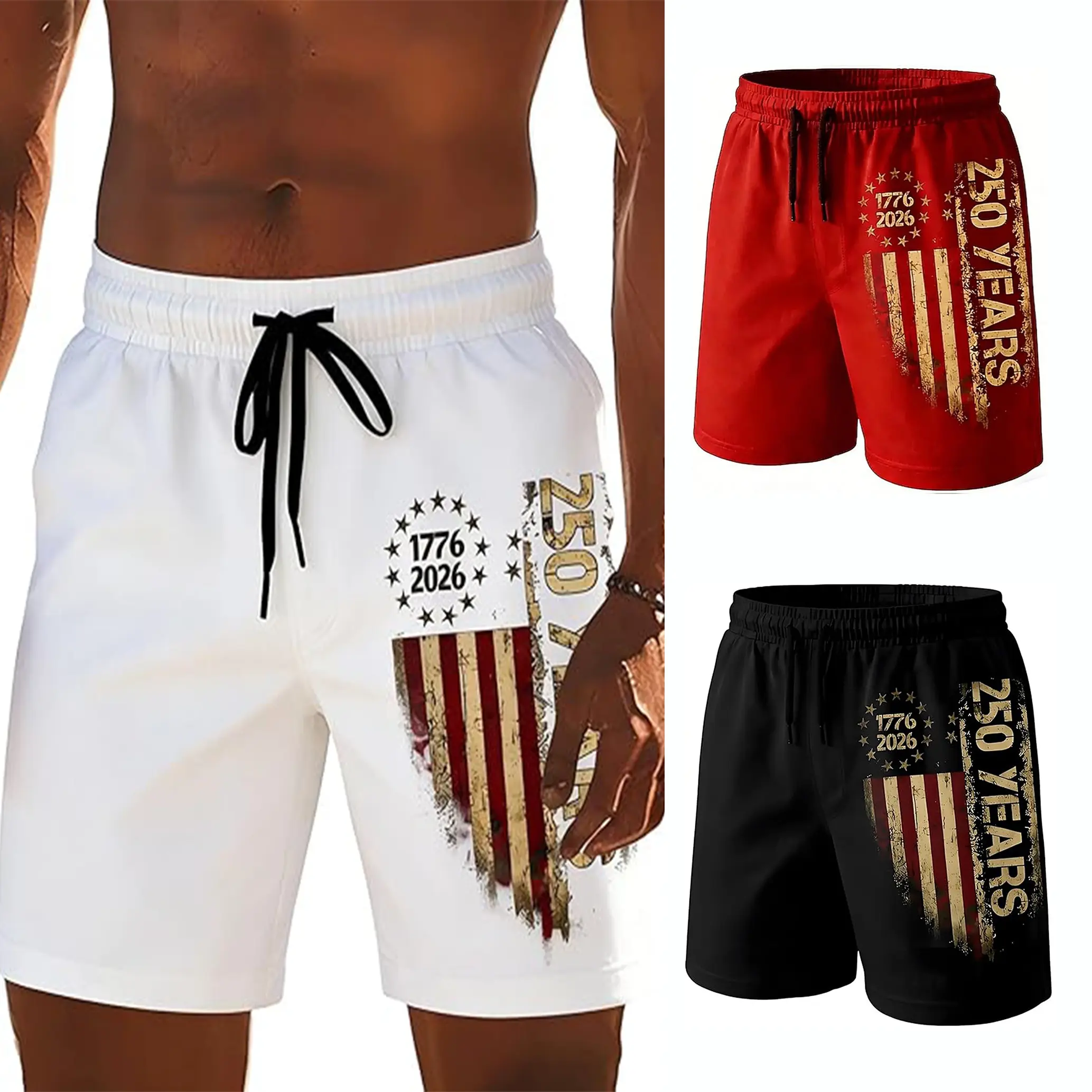 Men's American Flag Quick Dry Board Shorts - USA 1776-2026 250th Anniversary Patriotic Swimwear with Pockets, Adjustable Drawstring Customizes Fit, Worn-in Look, Novelty Print, Stripe Design, Fourth of July Graphic (2XS-6XL), Worn‑In Flag Look
