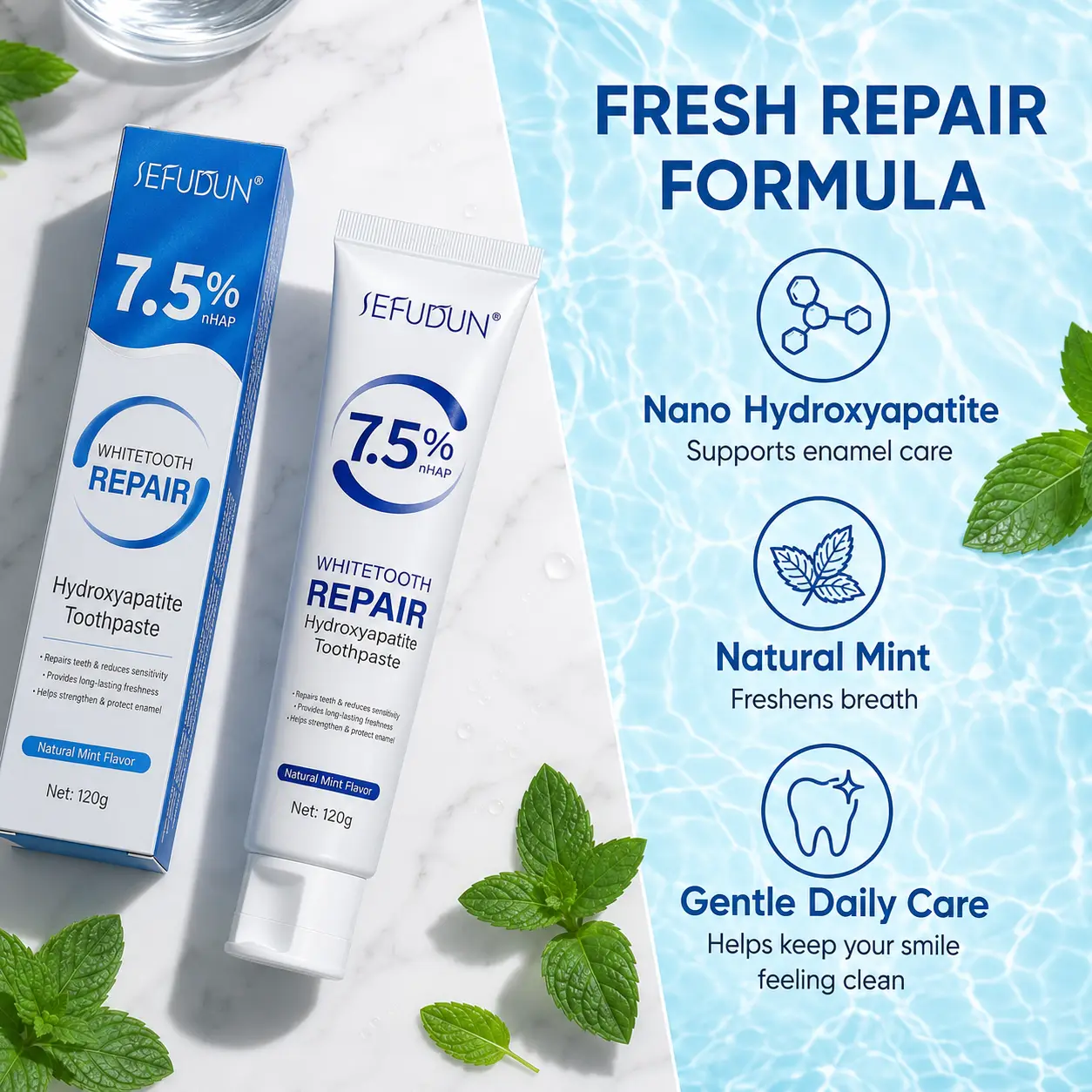 7.5% nHAP Hydroxyapatite Toothpaste, Fluoride-Free Mint Toothpaste for Enamel Care, Sensitive Teeth Care, Whitening Support, Fresh Breath & Daily Oral Hygiene Routine