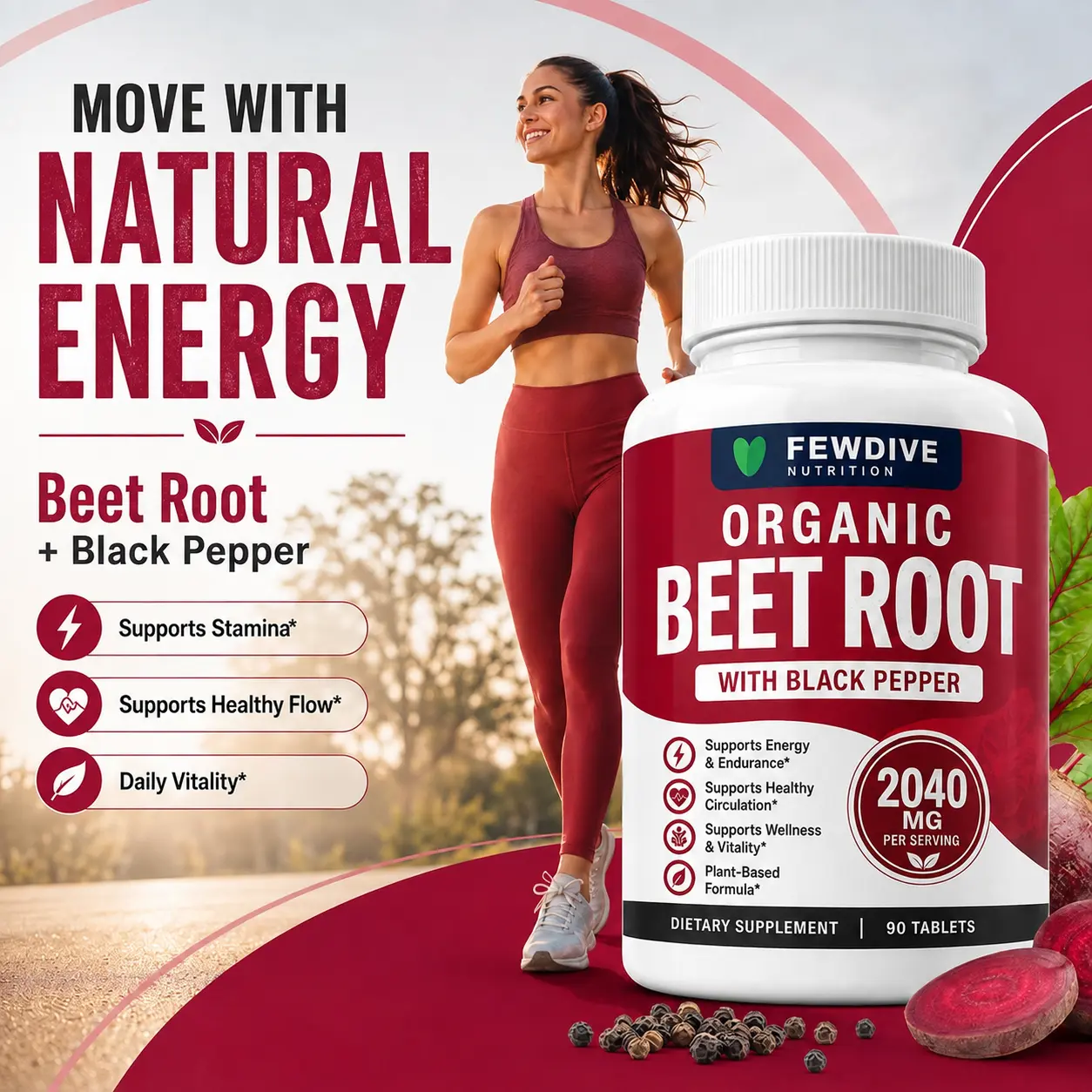 FEWDIVE Organic Beet Root 2040mg + Black Pepper Capsules, Plant-Based Wellness Supplement, 90 Tablets