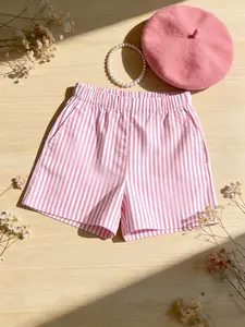 Essential Trendy Striped Shorts for Girls, Elastic Waist, Breathable Fabric, Casual Style, Natural Waist, Short Length, Perfect for Summer