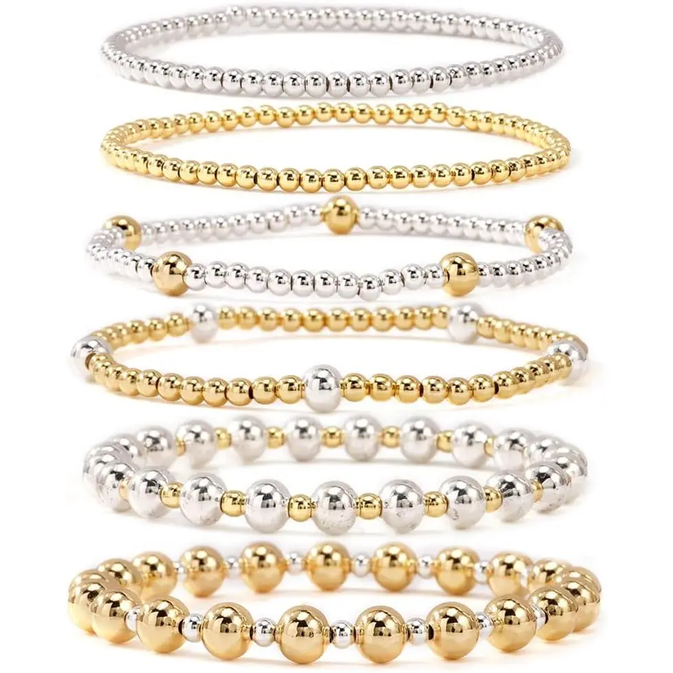 Gold Beaded Bracelets for Women 14K Gold Plated Beads Ball Silver Stackable Stretch Elastic Adjustable Bracelet Stack Non Tarnish Trendy Jewelry Set Adjustable Christmas Gifts for Women
