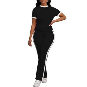 Women's 2 Piece Outfits Short Sleeve Tops Sweatpants Colorblock Bodycon Lounge Sets Tracksuits Gray