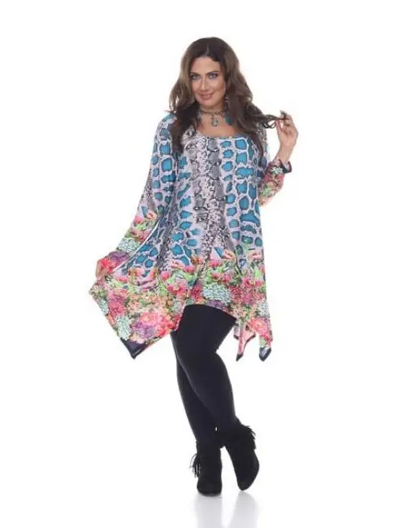 212 MAIN PS1300-04-1XL Plus Marlene Top & Tunic, Teal Pink Fabric Print, 1XL Women's Casual Flattering Outfits, Comfortable Clothes for Dog & Cat Costumes