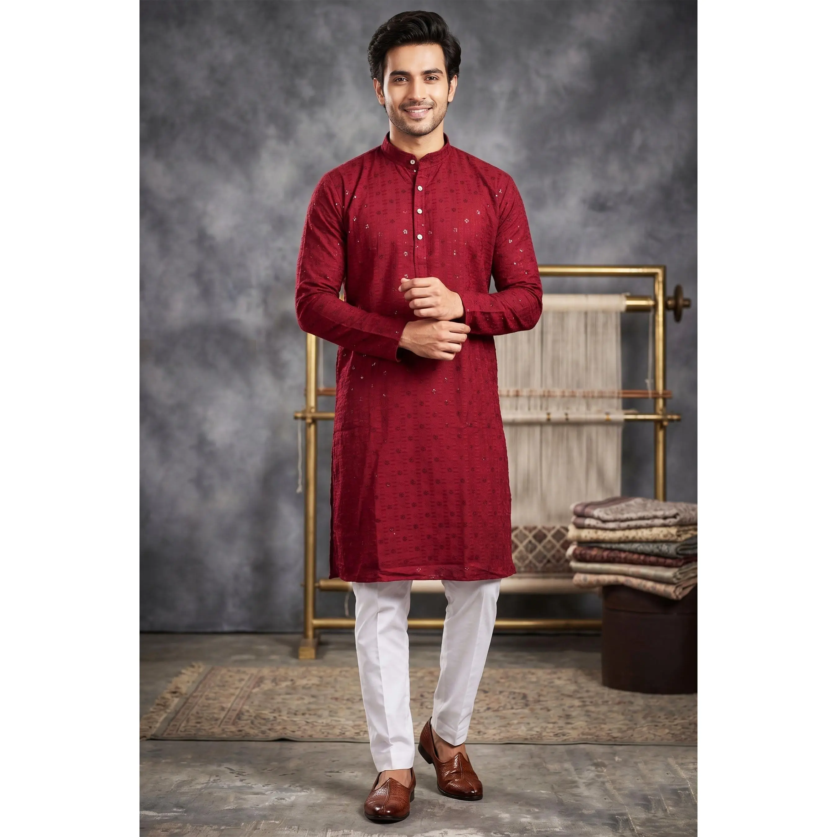 Men's Maroon Lakhnavi Kurta, Handcrafted with Resham Embroidery & Sequin Work | Soft Breathable Fabric, Machine Washable Indian Wear, Handcrafted Charm, Indian Heritage, Elegant, Multi-Size