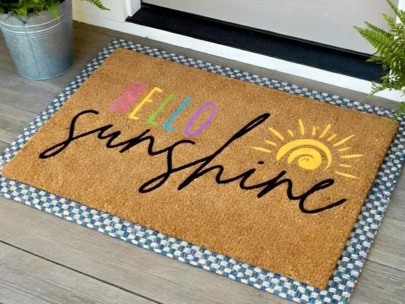 Hello Sunshine Doormat, Summer Decor Outdoor Mat, Rainbow Front Porch Mat, Housewarming Gift, Cute Summer Porch Decor, Realtor Closing Gift
