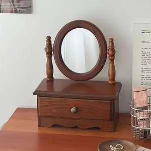 Rotatable Makeup Mirror, French Vintage Wooden Vanity Mirror, Bedroom Desktop Storage Cabinet, Desk Organizer, Beauty Mirror