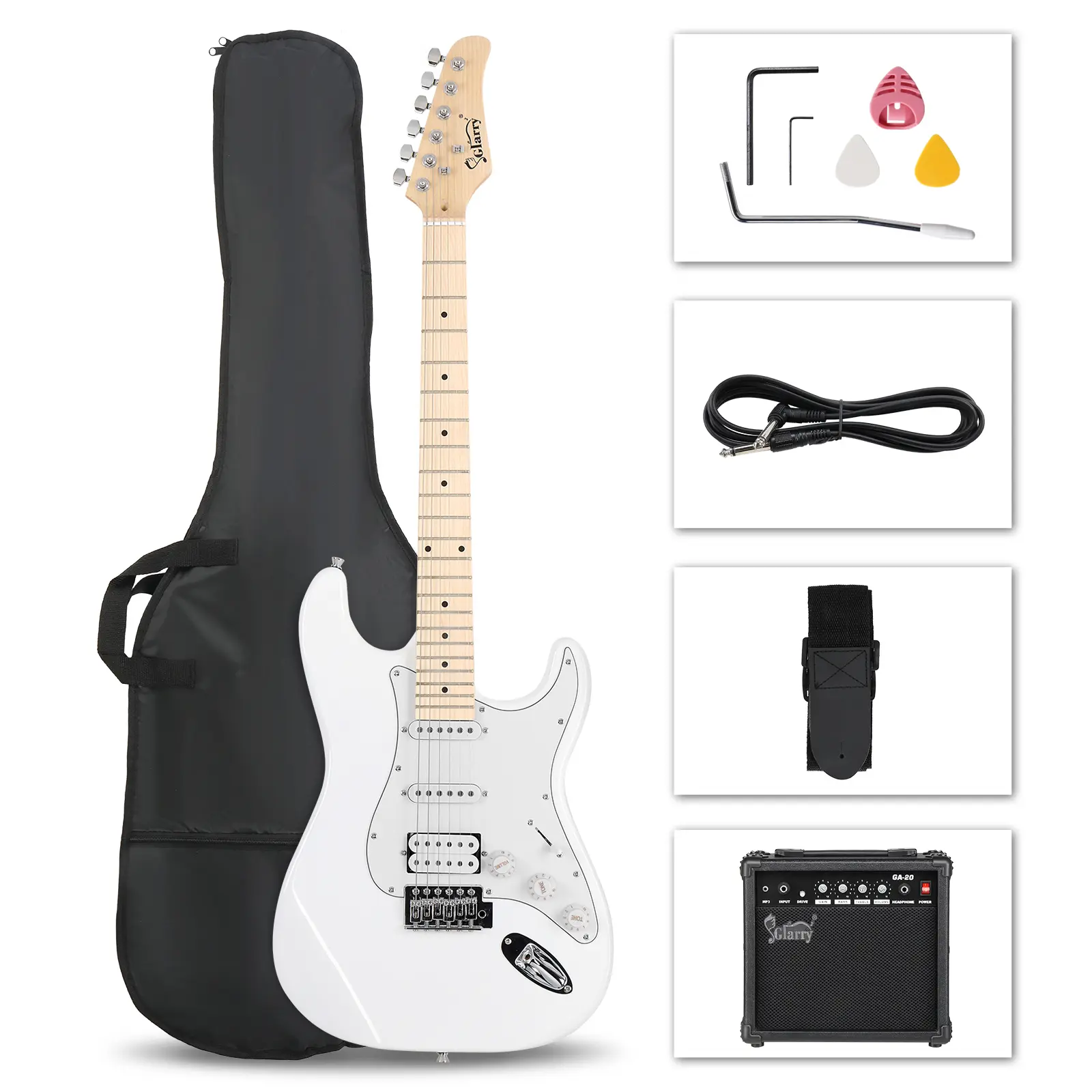 GST Stylish H-S-S Pickup Electric Guitar Kit with 20W Amp, Bag, Strap, for Beginners, 1/4" Output, 1/8" AUX Input, White Pickguard