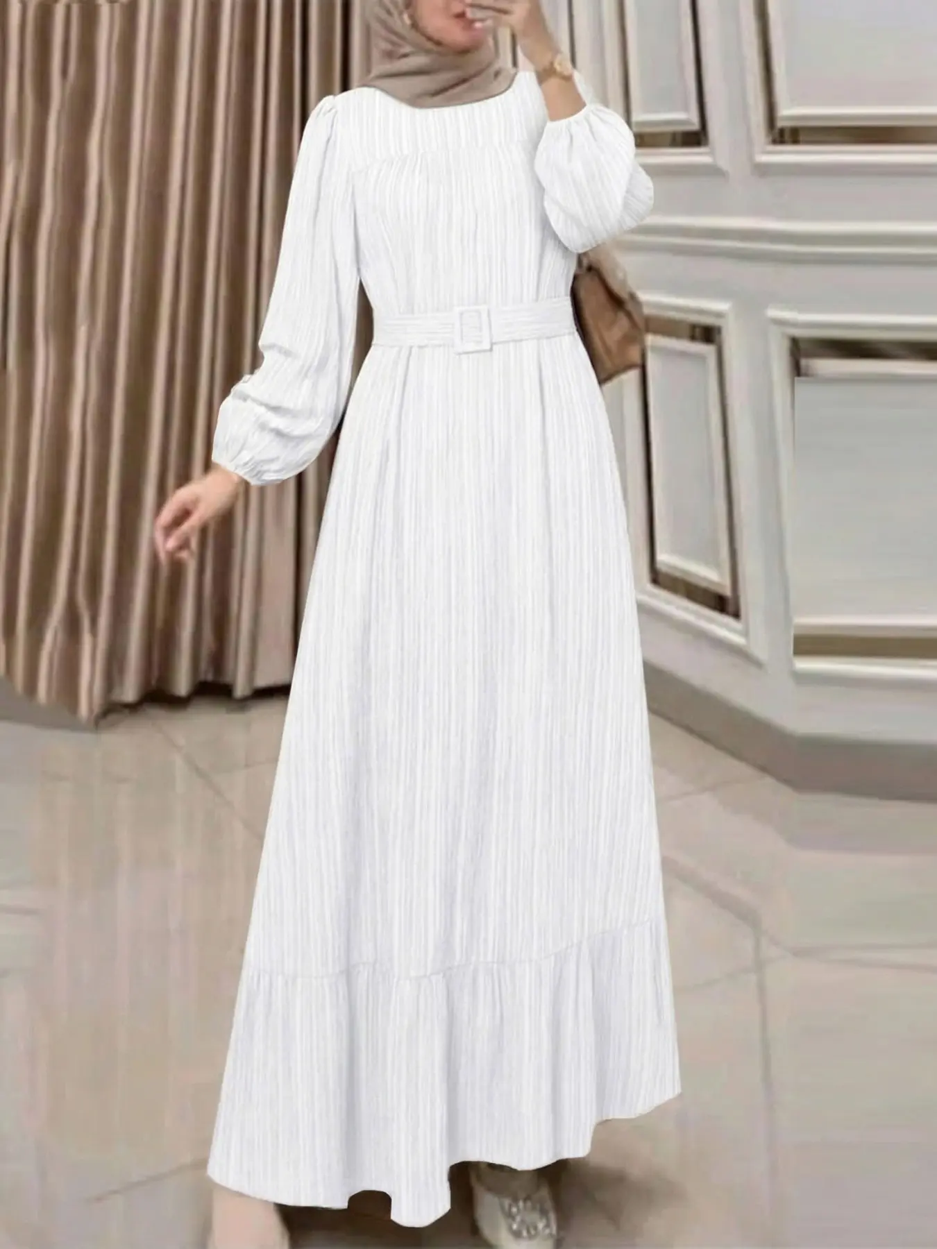 ZANZEA Women's Casual Dress Modest Style Muslim Dresses, Lantern Sleeve, Pleated Multi-Layer Back Slit, Textured Fabric, Detachable Waistband, Perfect for Daily, Long Sleeve Maxidresses