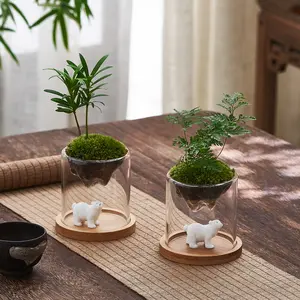Glass Terrarium with Wooden Base & Mini Bear Figurine, Decorative Tabletop Centerpiece for Home & Office, No Plants Included flower vase ornament bedroom decor