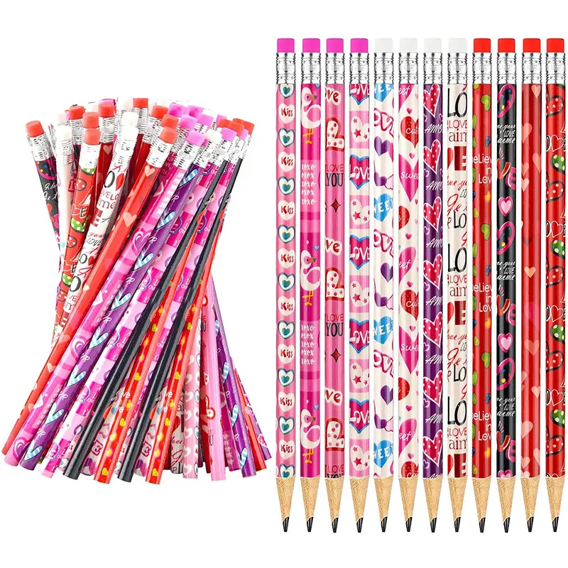 48 Valentine's Day pencils, bulk wooden Valentine's Day pencils with erasers, suitable for party gifts, giveaways, office rewards, and gift bag fillers