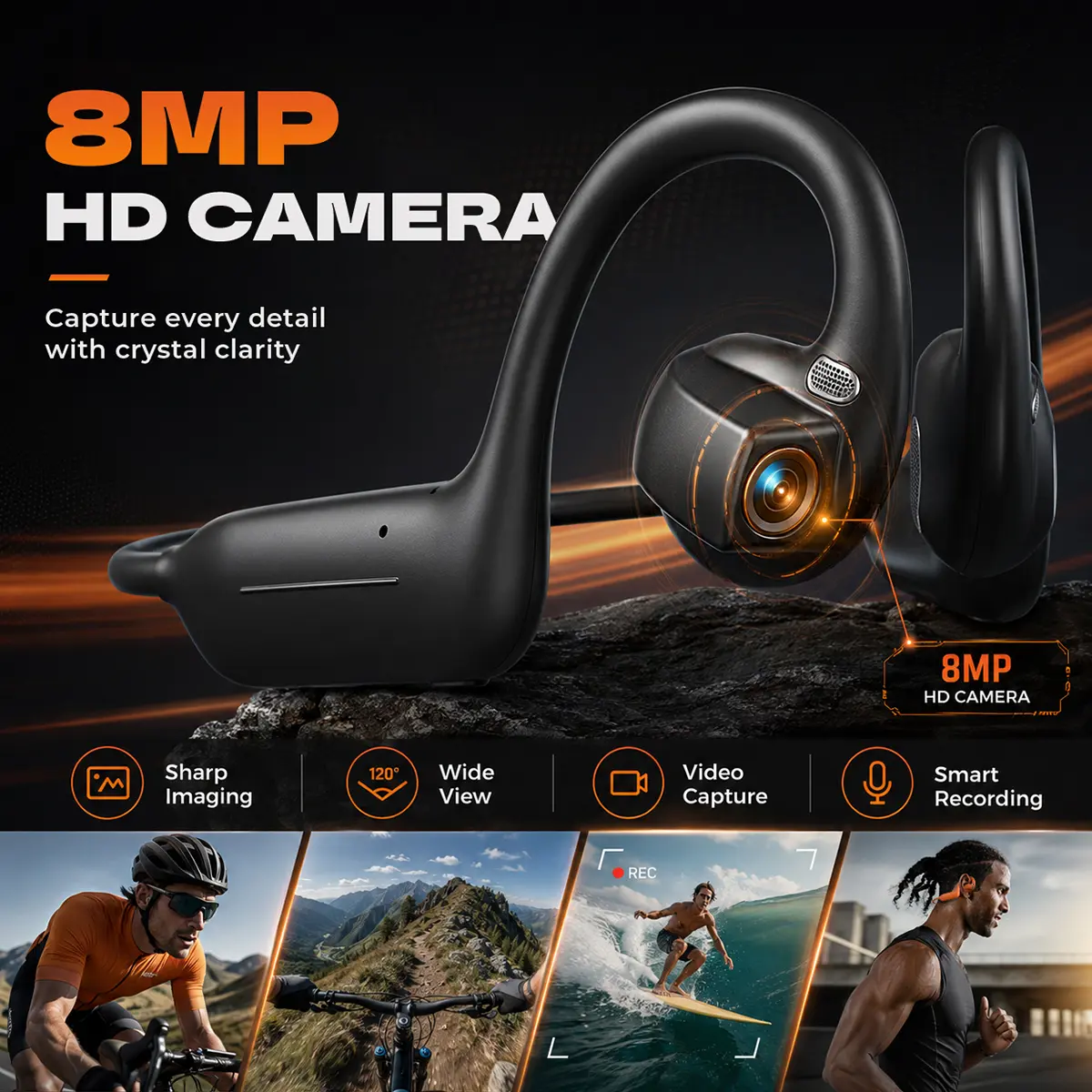 E12 Bone Conduction Bluetooth Open Ear Headphones With 8MP EIS Stabilized Camera, 160+ Languages Instant Translation, Touch & Button Control, IP54 Waterproof Wireless Bluetooth Sports Headset Stable Fit For Bike Running Hiking Travel Support APP Control