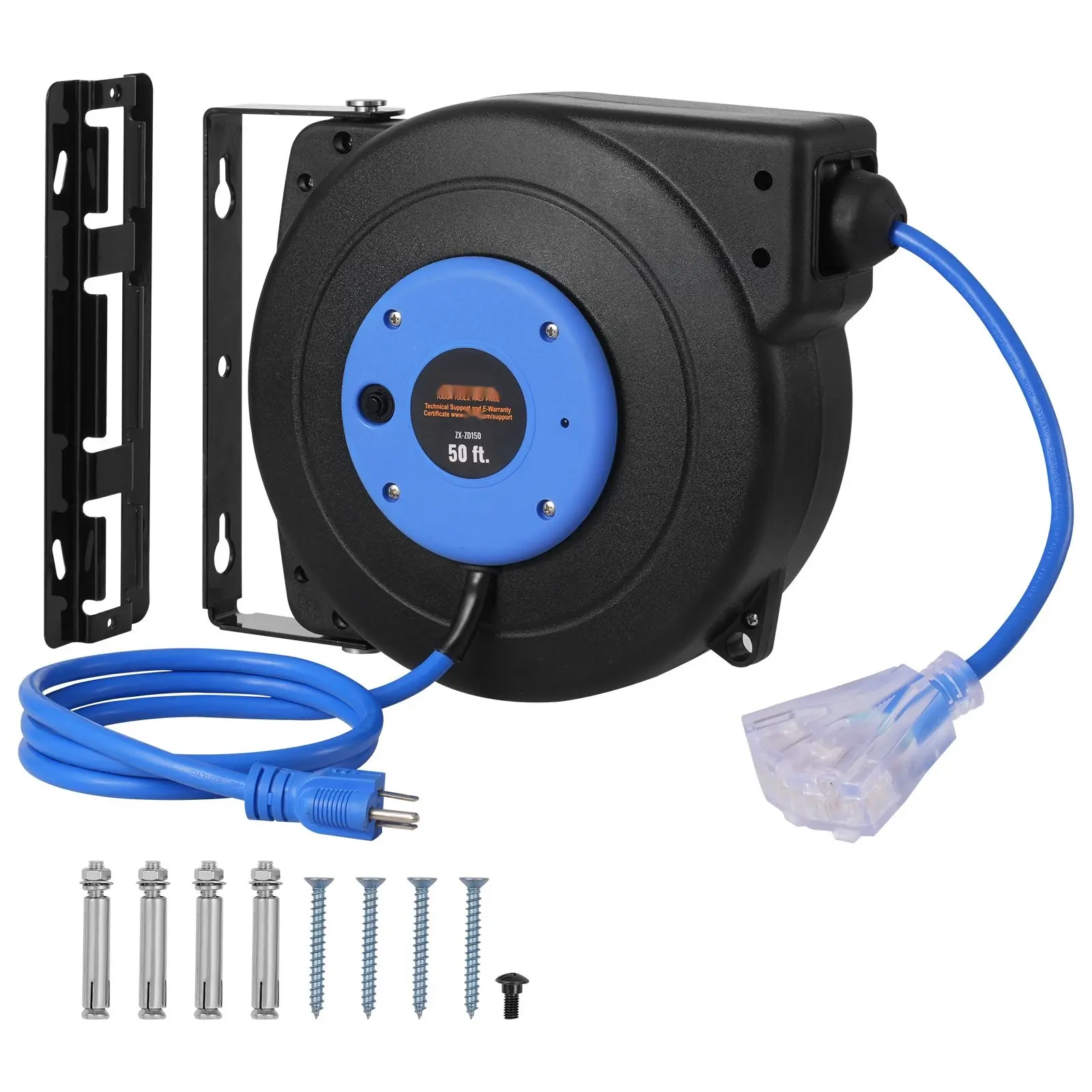 Retractable Extension Cord Reel With 50 Feet Of 14 AWG 3 Conductor SJTOW Power Cord, Heavy Duty Indoor Outdoor Cable Reel, Wall Mount Cord Winder And Cable Management For Garage Workshop