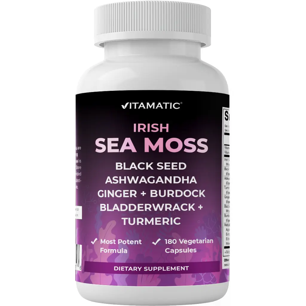 Vitamatic Sea Moss Vegan Capsules with Black Seed Oil, Ashwagandha, Turmeric, Bladderwrack, Burdock, Elderberry - 180 Count, Minerals, Iodine, Antioxidants, Gluten Free, Daily Adult Nutrition Support, Adults