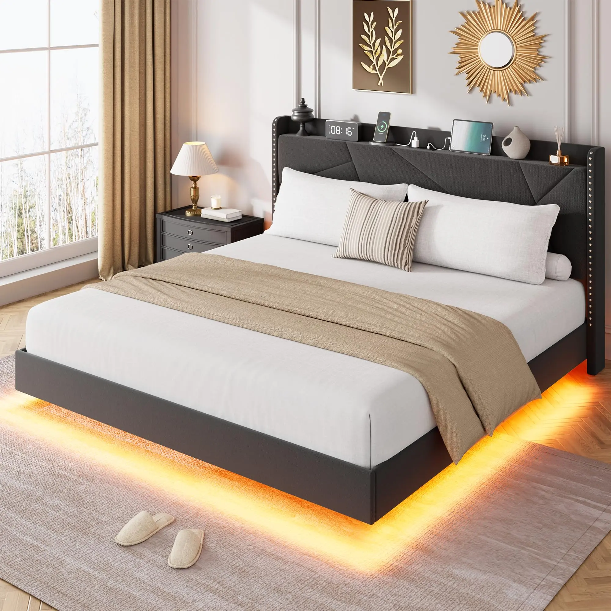 Upholstered LED-Integrated Floating Platform Bed Frame with Platform Bed Design, Charging Station, Storage Headboard, No Box Spring Needed, Easy Assembly
