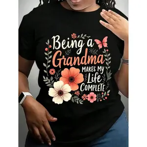 Women's Being A GRANDMA Graphic Print T-Shirt - Short Sleeve Crew Neck Casual Top With Floral & Butterfly Design, Soft Grey Relaxed Fit, Machine Washable All-Season Comfort, Grandma Shirts, Com