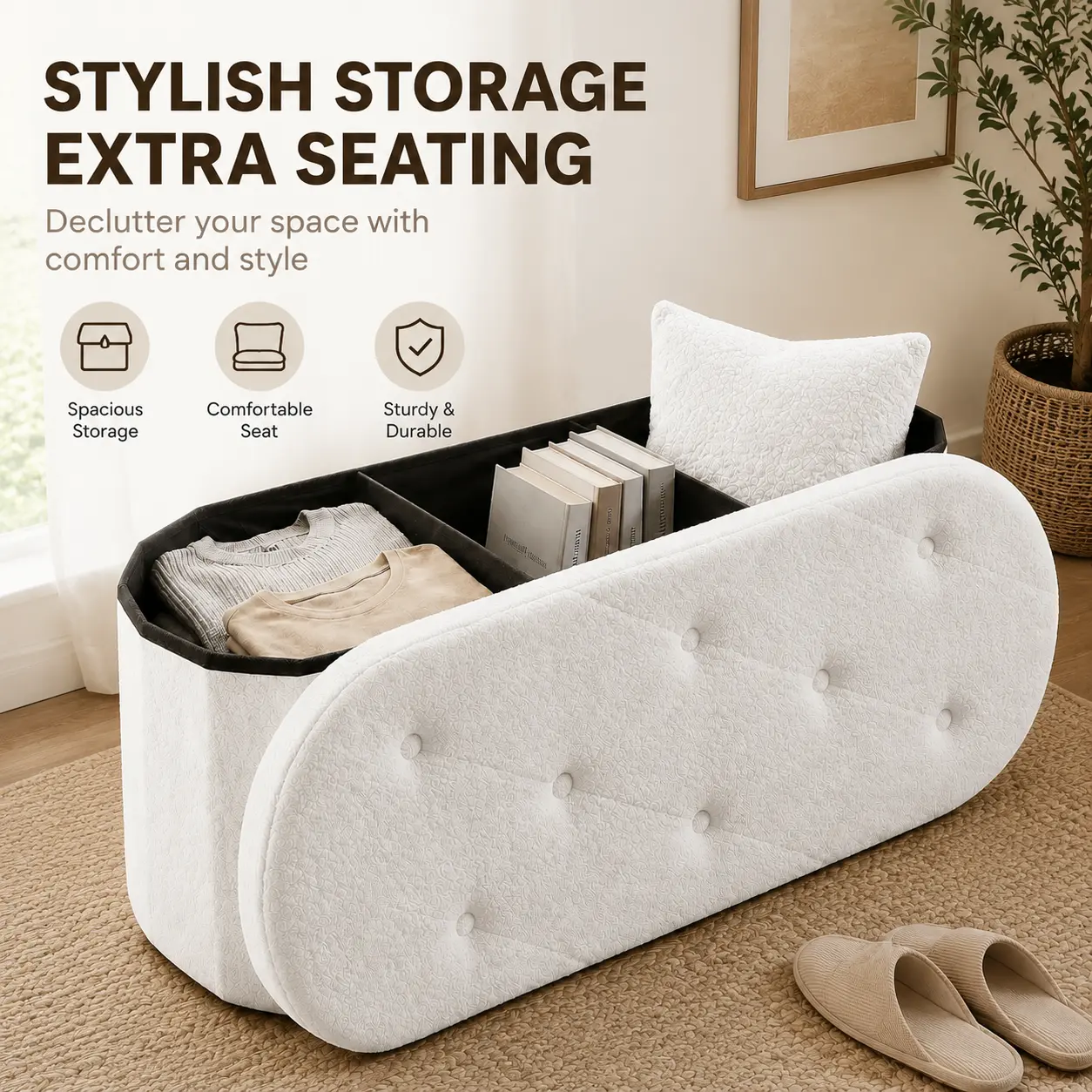 Folding Storage Ottoman Bench, Oval Round Ottoman End of Bed Foot Rest Bench Stool with Cushion, Storage Chest for Bedroom, Living Room, Entryway, Foldable Stool