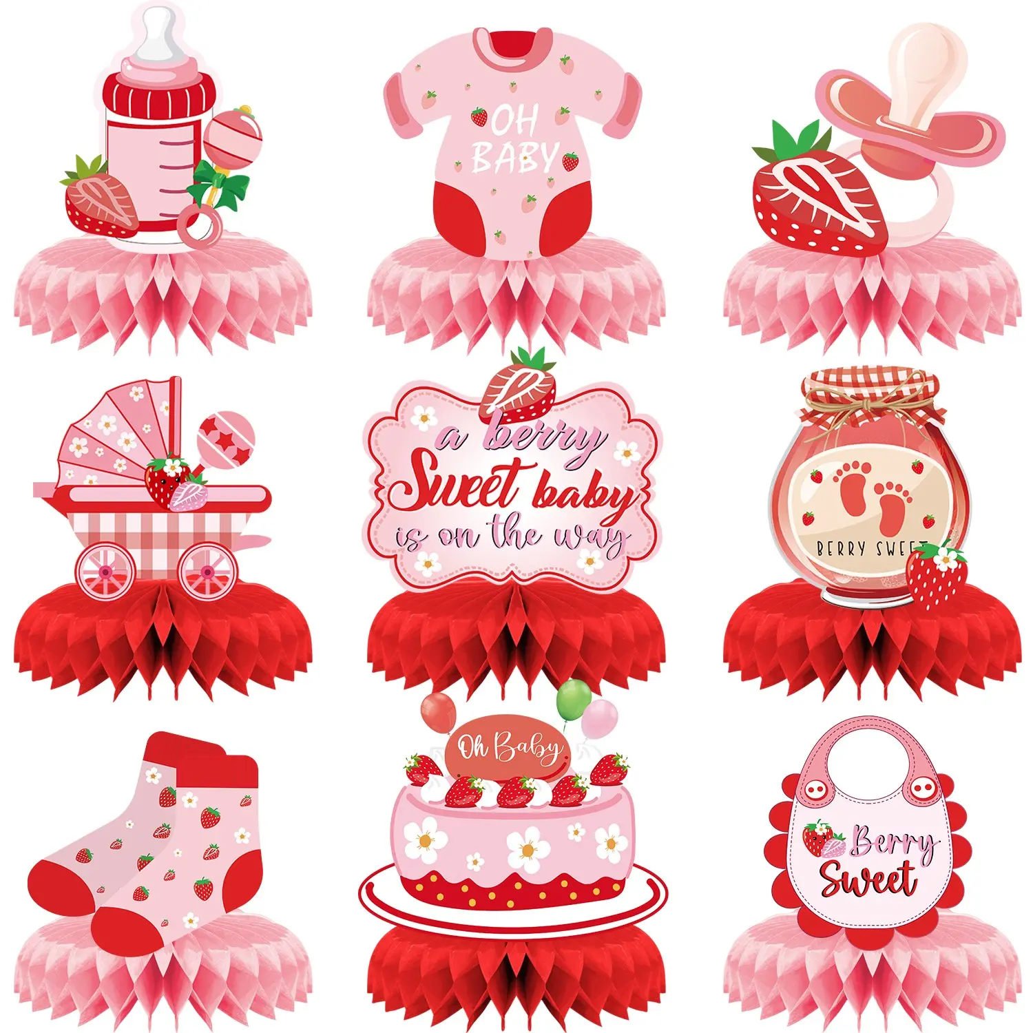 9Pcs Strawberry Baby Shower Decorations, Festive Decoration, Berry Sweet Baby Shower Honeycomb Design Centerpieces, First Birthday Party Table Decor for Girls, Pink and Red Berry Themed Party Supplies, Party Event Props, Decorative Prop