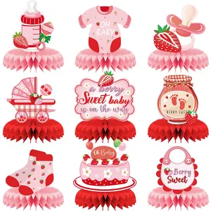 9Pcs Strawberry Baby Shower Decorations, Berry Sweet Baby Shower Honeycomb Design Centerpieces, Sweet One First Birthday Party Table Decor for Girls, Pink and Red Berry Themed Party Supplies, Set