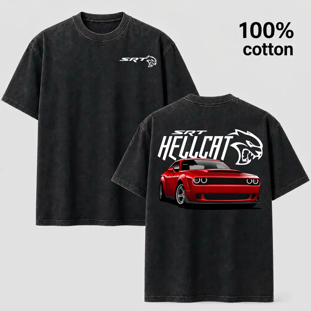 Vintage Washed Red SRT Hellcat Muscle Car 100% Cotton T-Shirt
