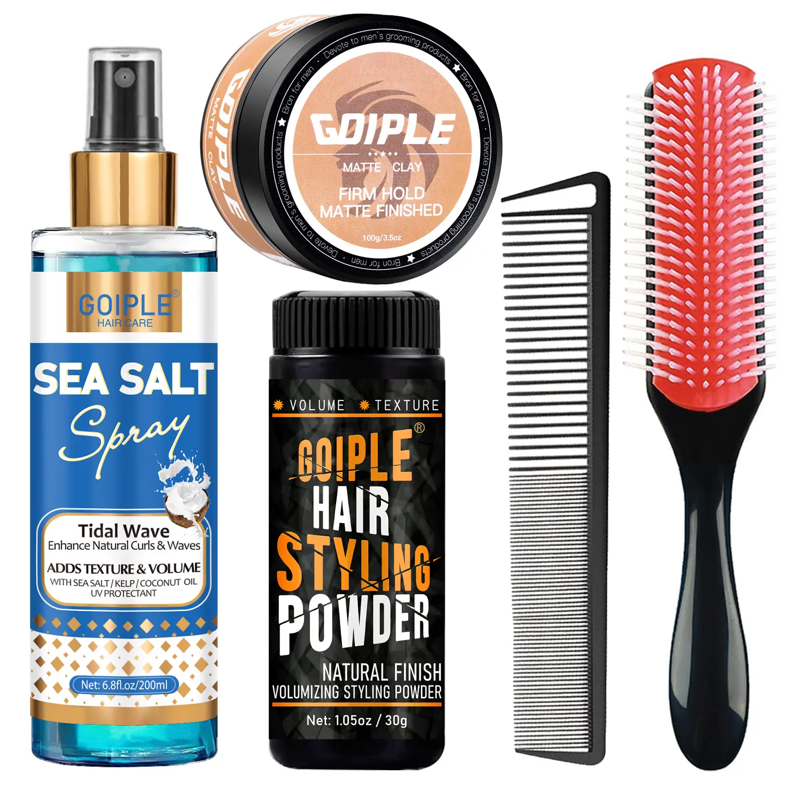 Men’s Hair Styling Set - 5 Count Powder, Sea Salt Spray, Clay,and Styling Brush for Natural Hold and Textured Styles Beard Care Kit Beard Grooming Kit