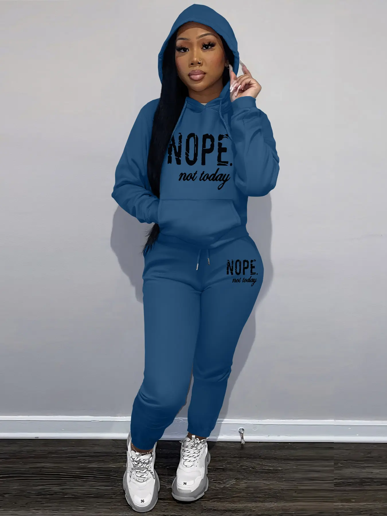 Women's Nope Letter Print Casual Loose Sweatshirt Set, Womenswear Round Neck Long Sleeve Pullover + Drawstring Pants, Comfortable Daily Wear Fitted Hoodie Clothes