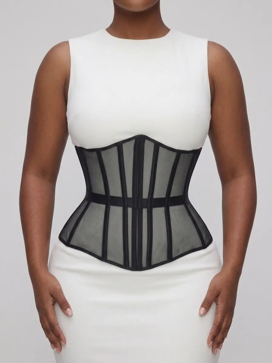Sculpt Touch Women's Mesh Corset Waist Cincher Lace Up Boned Corset Belt Sheer Underbust Waist Trainer Top