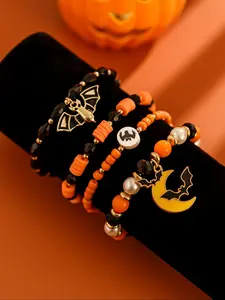 4-Piece Retro Punk Crystal Bead Bracelet Set, Acrylic Imitation Pearl Halloween Bracelet, Dripping Oil Metal Bat Pendant, Festive Party Gift