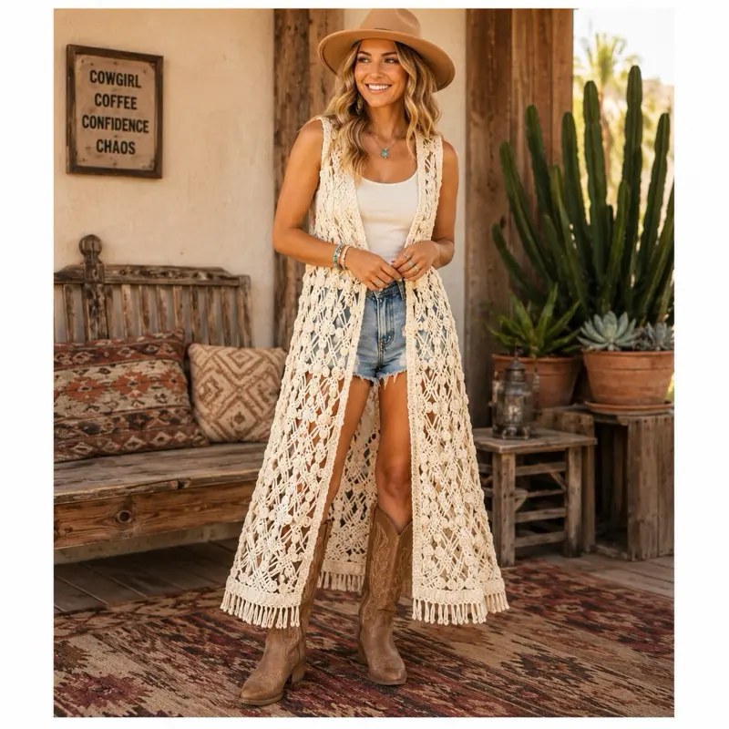 Cato Limited Edition Crochet Duster | Boho Open Front Fringe Vest | NWT