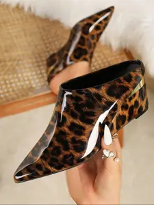Fashion Leopard Print Wedge Heels, Pointed Toe High Heels, Comfortable PU Leather Sandals for Women, All Season Wear