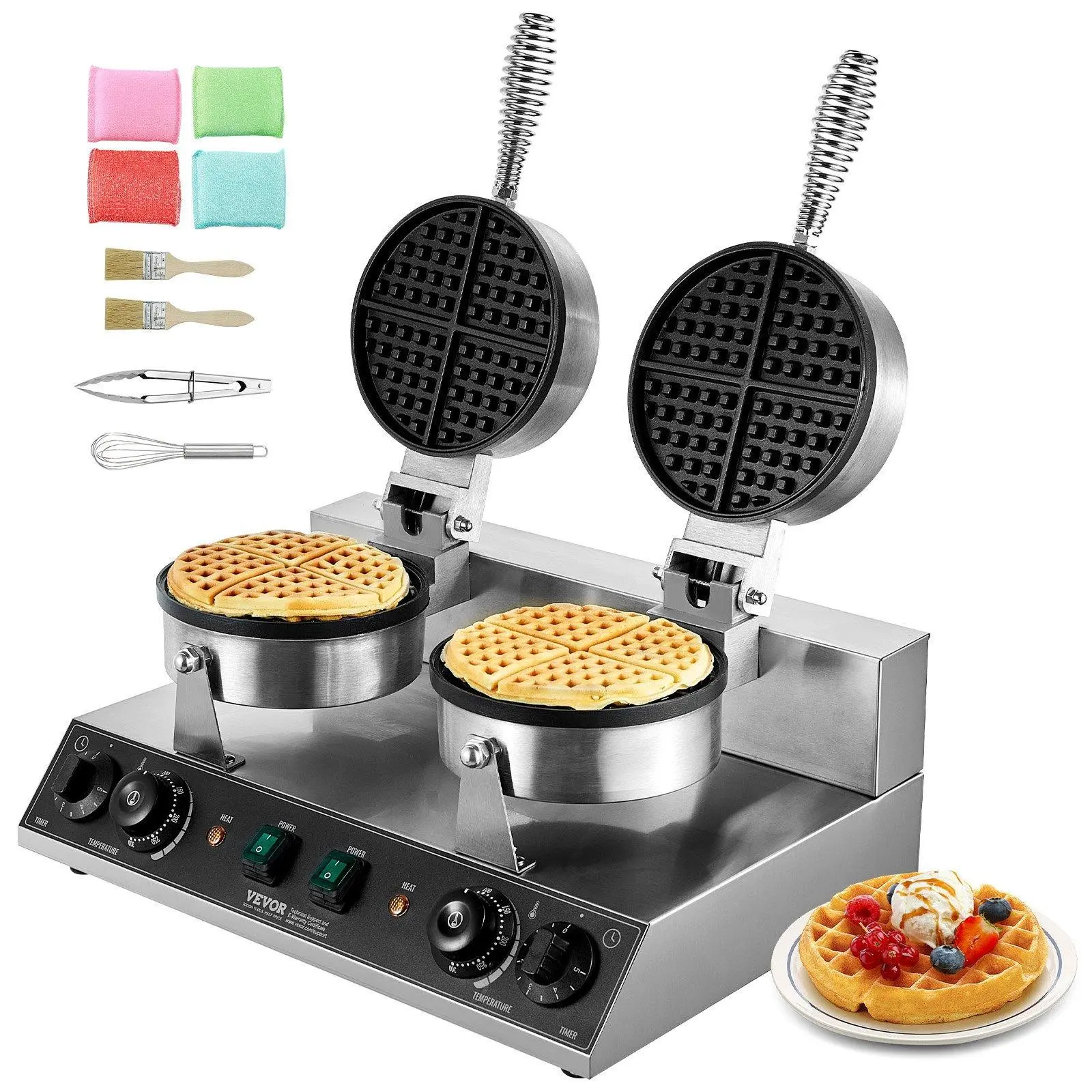 VEVOR Commercial Belgian Waffle Machine - 2460W Power, Non-Stick Dual-Head Round Plates, Heat Resistant, Double-Sided Heating, DIY-Friendly Professional Kitchen Appliance for Gatherings, Ideal Gift Option, Double Cook